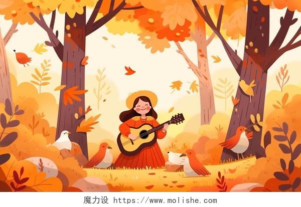 小女孩在森林里弹吉他唱歌卡通AI插画秋天立秋森林动物
